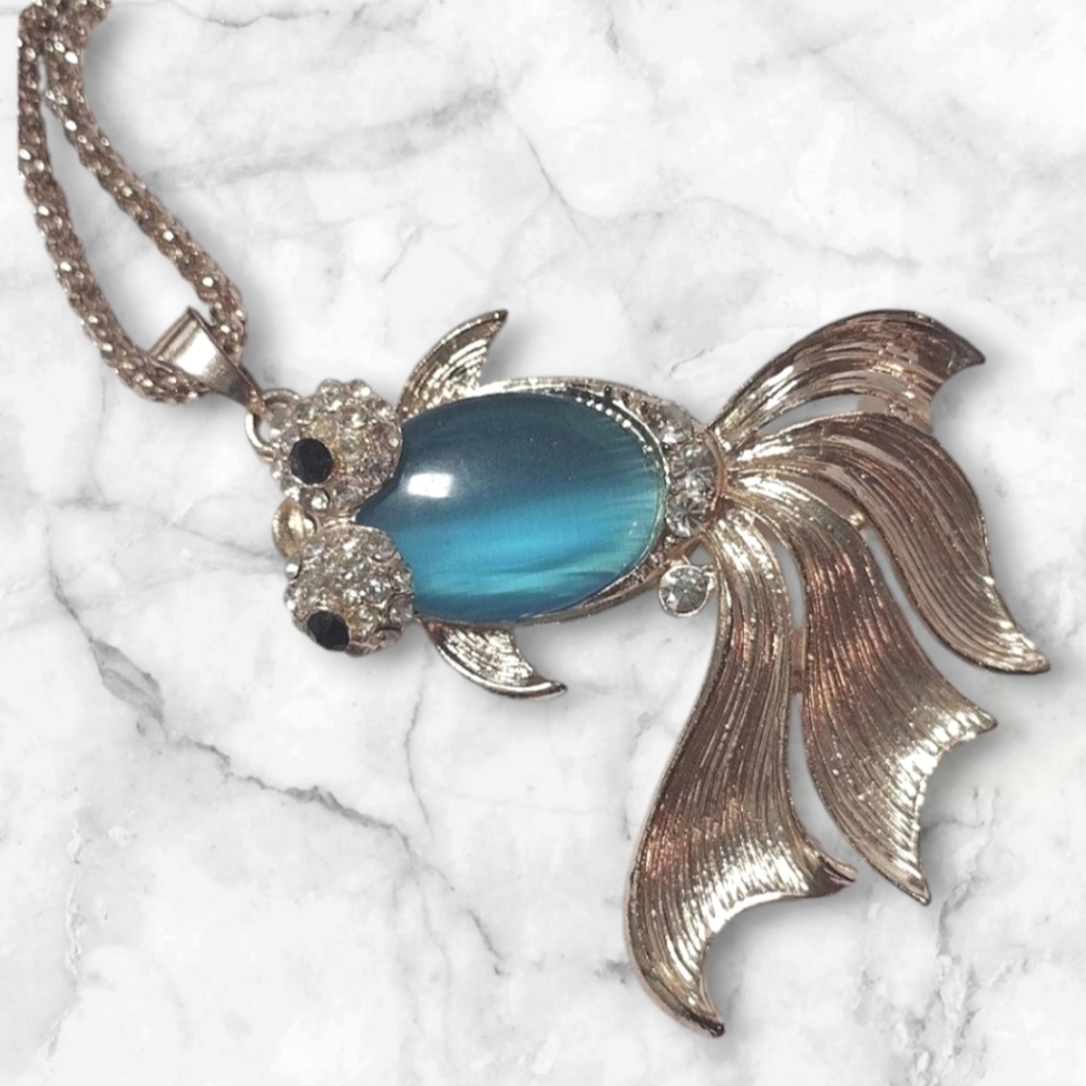 Goldfish Rhinestone Pendant Necklace Koi Fish Silver & Blue Necklace Jelly Belly